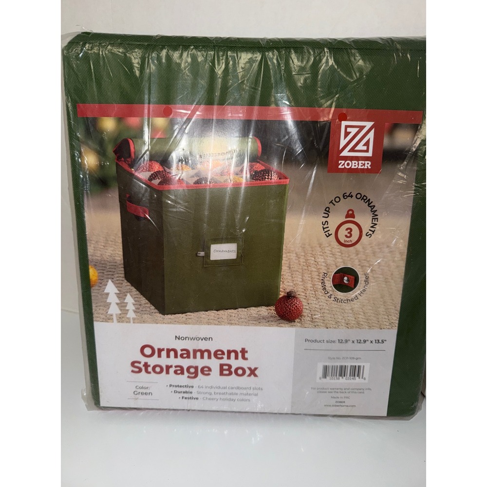 Zober Ornament Storage Box Green Nonwoven 64 Slot Holiday Organizer ZCP-109-grn